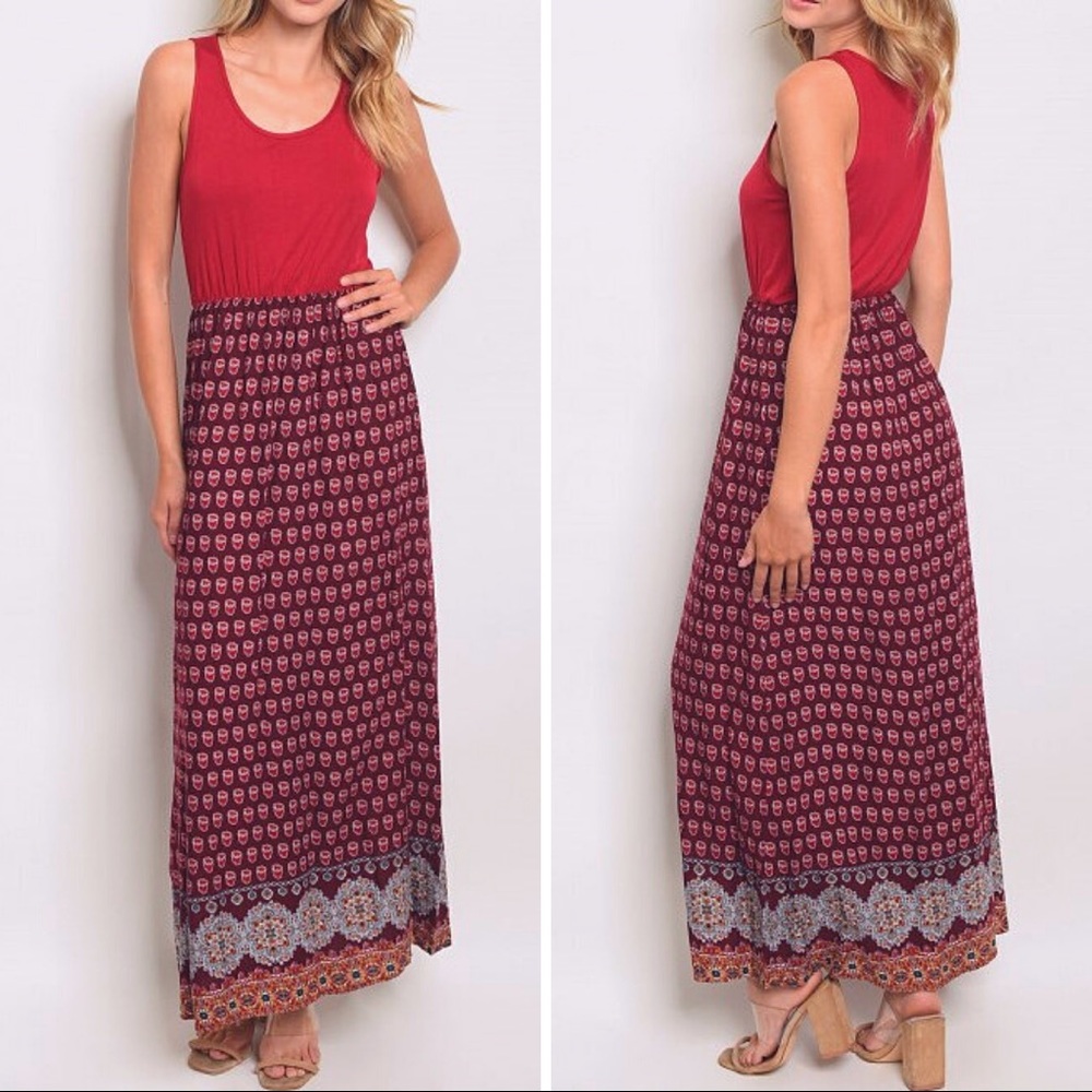 🆑 Red Maxi Dress Jersey Knit Elastic Waist Printed Mandala Casual Breezy